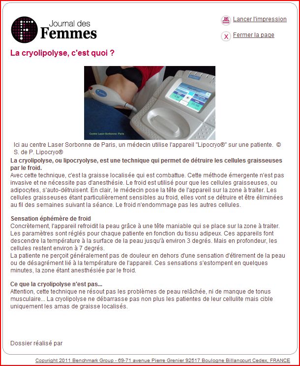 , CryoLipolyse : L’Internaute &#8220;Le Journal Des Femmes&#8221;, Centre Laser Paris Sorbonne : Soins Esthétiques &amp; Dermatologie