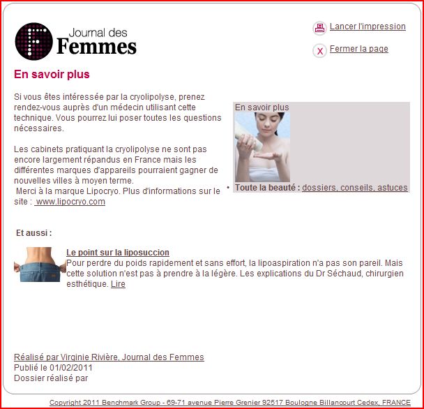 , CryoLipolyse : L’Internaute &#8220;Le Journal Des Femmes&#8221;, Centre Laser Paris Sorbonne : Soins Esthétiques &amp; Dermatologie